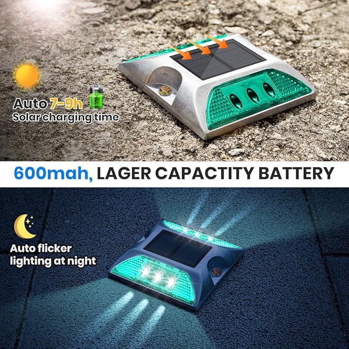 Solar Road Stud, 8PCS Green, LED, IP68 Waterproof, Automatic, Modern Style, 4.13"L x 4.13"W x 0.91"H, Solar Powered, 1.2V, 600mAh Battery