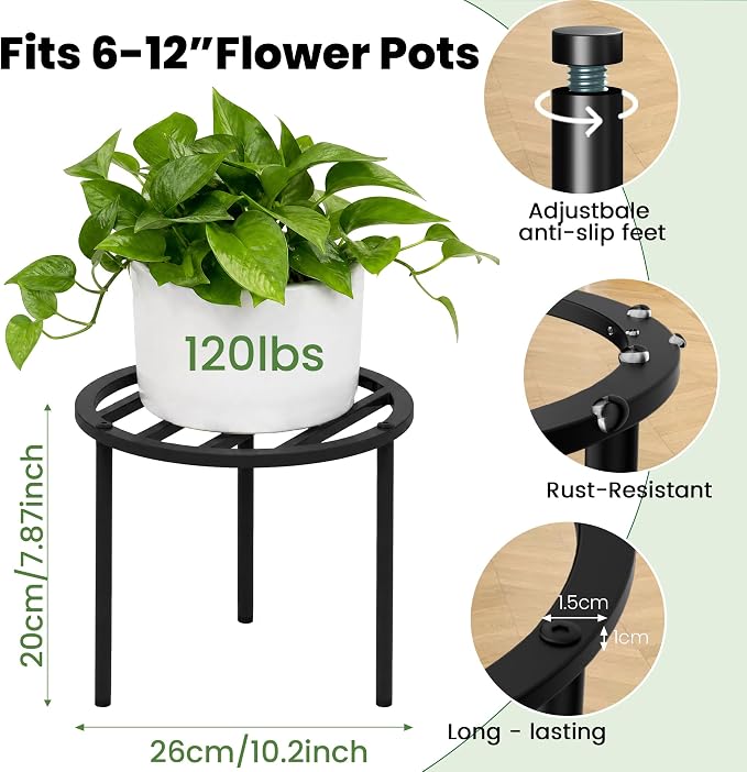 TOSKING 2-Pack Heavy Duty Metal Plant Stand Holds 120 lbs –10.2" Modern Minimalist Slatted Top Stand for Medium to Large Pots, Adjustable Leveling Feet & Rustproof Finish, Indoor/Outdoor, Black (10.2"D x 7.9"H)