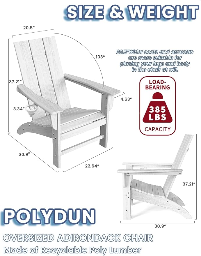 Modern Adirondack Chair with Cup Holder, HDPE Plastic Patio Chairs for All Weather, Fire Pit Chair, Outdoor Lawn Chairs for Deck, Porch, Backyard, Garden, White