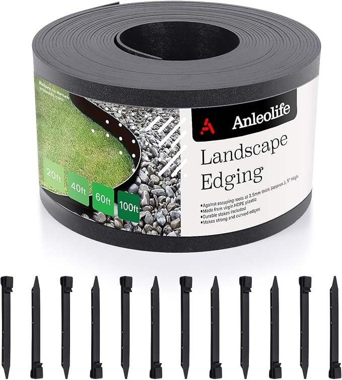 A ANLEOLIFE 60FT Flexible Plastic Landscape Edging Coil, 5" Black Garden Border for Yard, Flower Beds & Pathways, Anti-UV, 18 Stakes for Easy Install