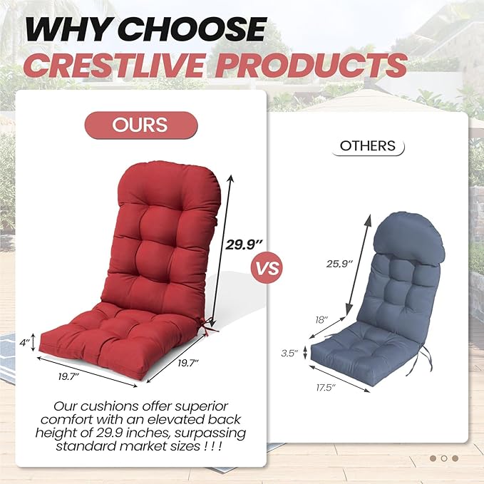 Crestlive 50x20x4 Inch Adirondack Chair Cushion Outdoor Rocking Chair Cushions Water Resistant High Back Patio Chair Cushions Set of 2 Thick Patio Replacement Cushion, Chili