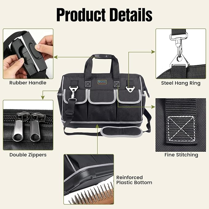 Tool Bag, Ounic 20 Inch Large Tool Tote Bag Heavy Duty With Waterproof Molded Base, Wide Mouth Tool Box Organizer with Adjustable Shoulder Strap for Electrician Mechanic Craftsman Plumbers(Black)