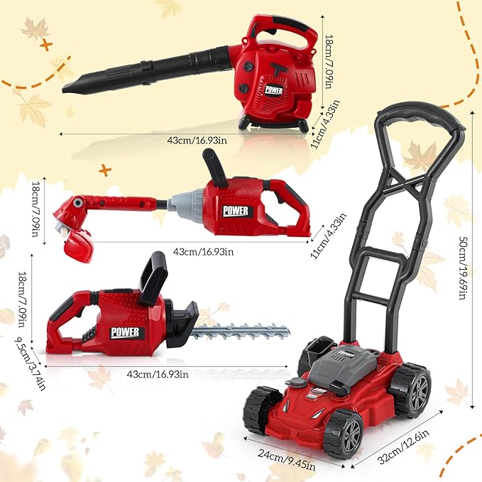 Arrowbash 4 Pcs Toy Gardening Tool Set for Kids Toy Leaf Blower Weed Trimmer Hedge Trimmer Push Lawn Mower Battery Play Set Christmas Birthday Party Gift for Boys Girls
