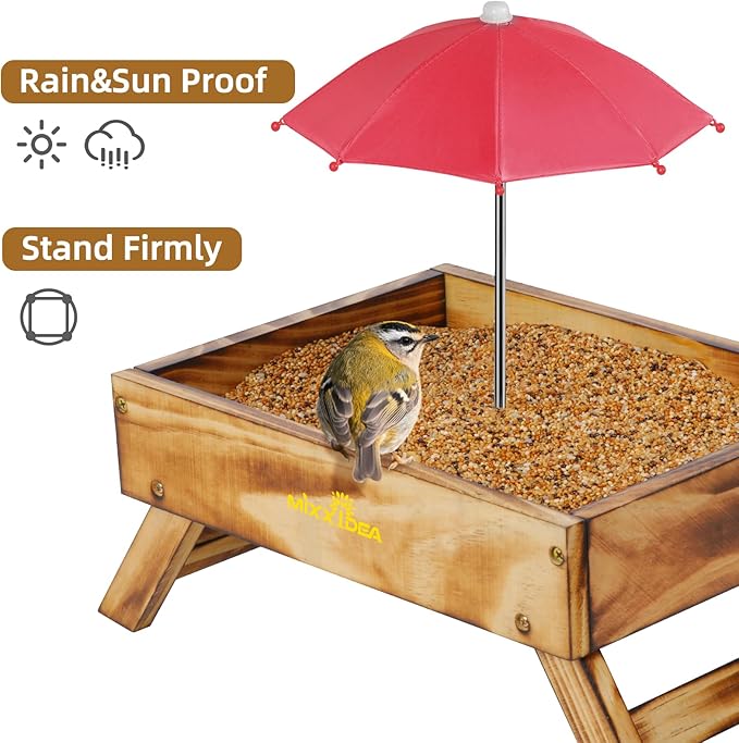 Ground Bird Feeder for Outdoors Bird&Squirrel Feeder Wooden Chicken Picnic Table Platform Feeder Wild Bird Feed Crow Feeder for Outside with 5 LBS Capacity (Brown)