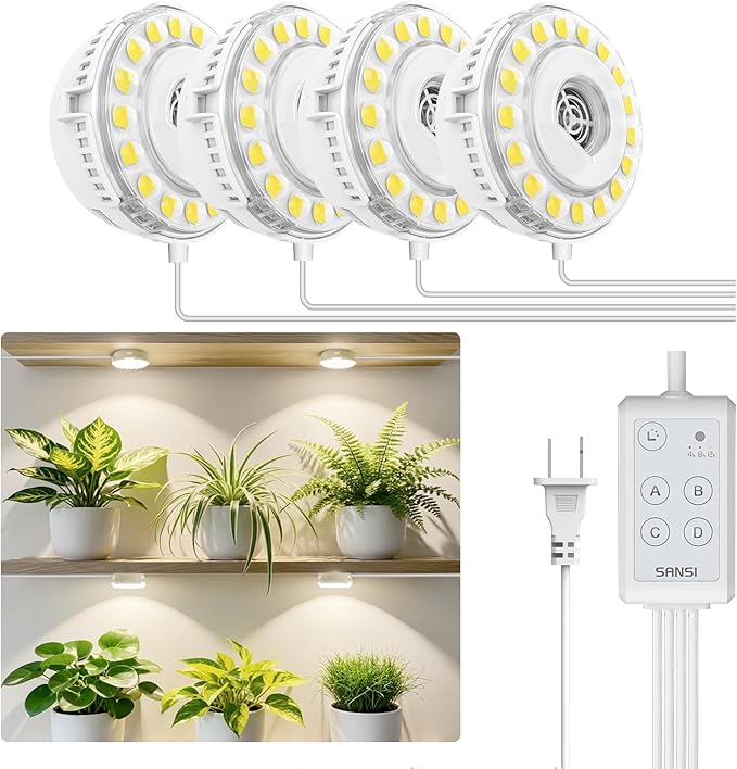 SANSI 20W(5W*4) Puck Grow Lights for Indoor Plants Full Spectrum, 4 Head Plant Lights for Indoor Growing, LED Plant Lamp for Growth with Timer, Auto On Off 4 8 12 Hrs Greenhouse,No Dimmable