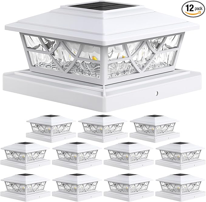 APONUO Solar Post Cap Lights 12 Pack for 4x4 5x5 6x6 Wood Vinyl Fences - Post Lights Solar Powered, IP64 Waterproof, Auto On/Off, for Deck Patio Yard (Warm & Cool White)