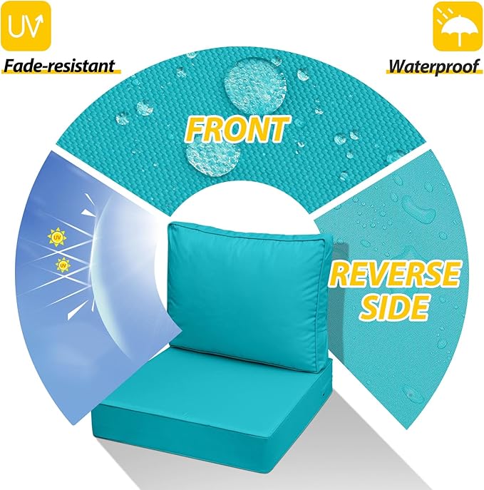 AAAAAcessories Outdoor Deep Seat Cushions with Double Welted Pillow, Waterproof, Fade-Resistant Patio Furniture Replacement Cushions, 24" x 24" x 5" + 24" x 19", Turquoise Blue
