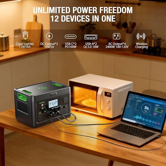 2400W Portable Power Station 1843Wh Outdoor Solar Generator with 2400W(4800W Peak) 4 AC Outlets, Fast Charging Emergency Power Backup Battery UPS for Home Outage RV/Van Road Trip Camping