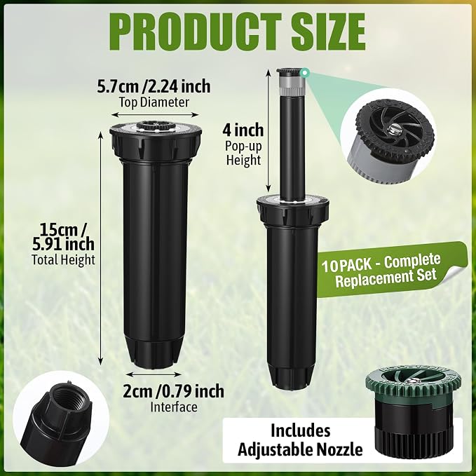 10 Pack Pop up Sprinkler Heads Compatible with 1800 Series, 4 Inch Underground Spray Head with 5 Replacement Nozzles, 0-360° Adjustable Sprinkler Head for Lawn Yard Garden Planter Bed