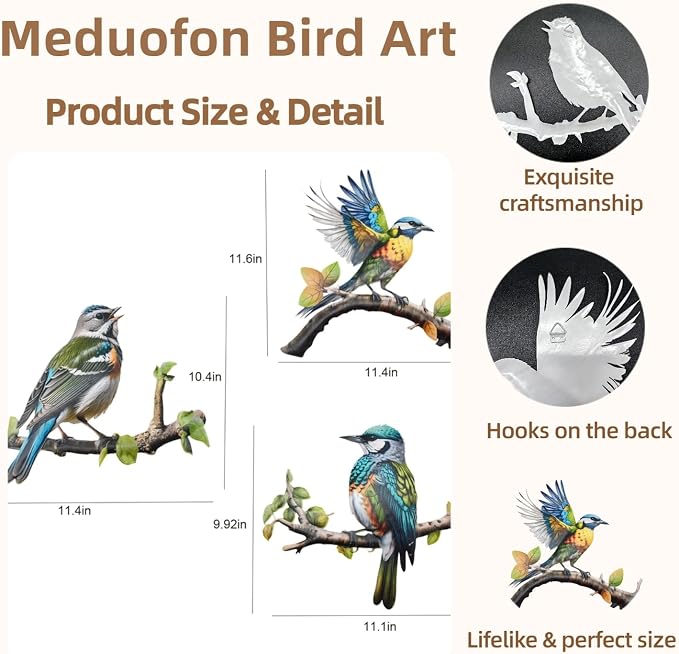 Meduofon 3 Pack Metal Bird Art Wall Decor, Hummingbird Decorations for Outdoor Wall Decor Outside House Patio Garden Fence Porch Deck Wall Sculpture Hanging for Indoor Outdoor (3 Pack Metal Bird)
