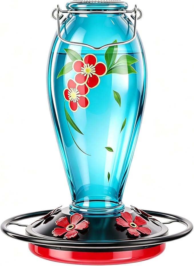 24 OZ Hummingbird Feeder for Outdoors Hanging, Heavy-Duty Thick Glass Bird Feeder with Floral Decals, Leak-Resistant Metal Base with 5 Feeding Ports & Perch, Decorative Garden Decor(Blue)