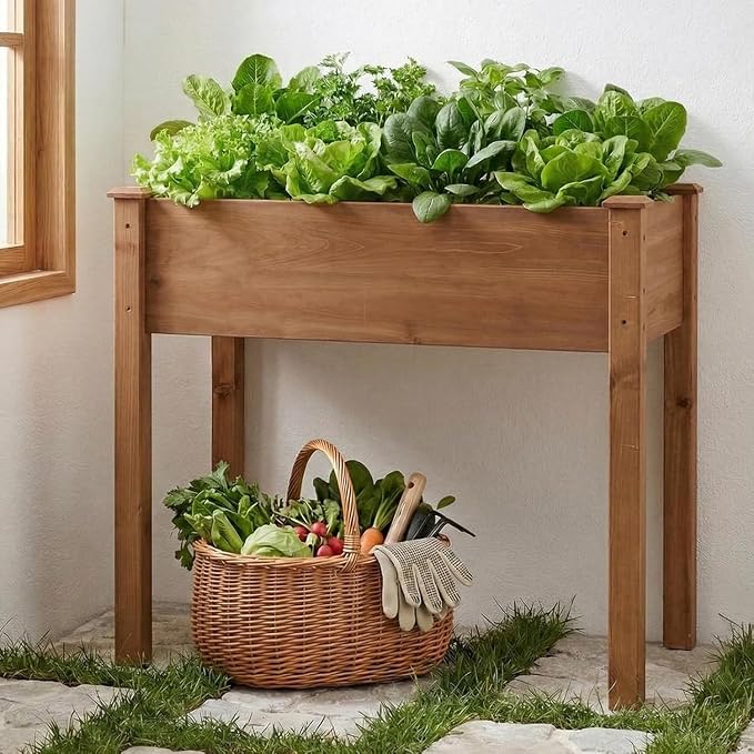 Simple Deluxe Raised Garden Bed with Legs, 34x18x30 Inch Wooden Planter Box with Liner, Elevated Outdoor Garden Box for Patio, Balcony & Backyard Use, Brown