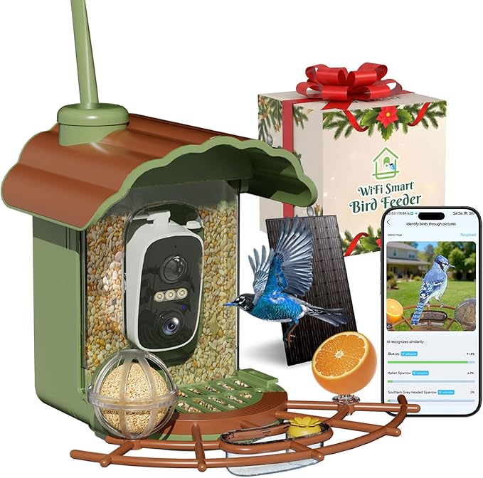 Smart Bird Feeder with Camera: Hummingbird Feeder with Solar Powered for Outdoors, Bird House with 2K HD Video & AI Bird Species Identification, Arrival Alerts, Gift for BirdLovers - Green