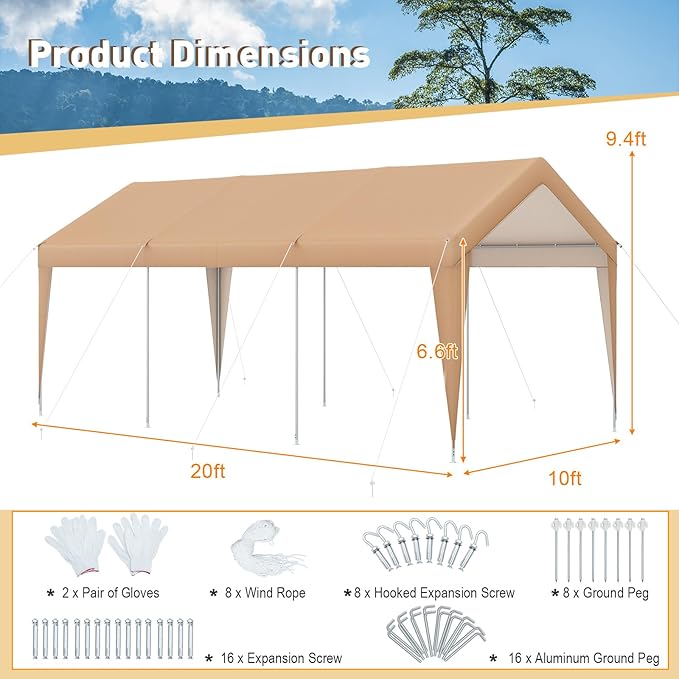 Tangkula 10x20 Ft Heavy-Duty Carport, Portable Garage Tent Carport with Galvanized Steel Frame, All-Season Tarp, Outdoor Car Canopy Shelter for Car, Truck, SUV, Boat