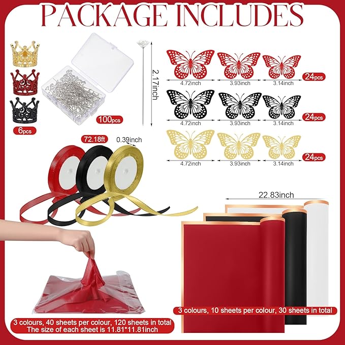Qilery 334 Pcs Flower Wrapping Paper Set,153 Waterproof Floral Bouquet Wrapping Paper,72 3D Gold Butterfly Decoration,100 Pins, 6 Crowns and 3 Ribbons for DIY Craft(Red, Black, White)