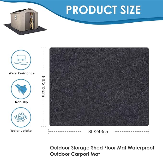 Meitola Outdoor Storage Shed Mat，Waterproof and Dustproof Outdoor Carport Mat—Backing Prevents Liquid Penetration，Soft Material, Patio Furniture Mat，Non-Slip ，Washable ,Black (8' x 8')