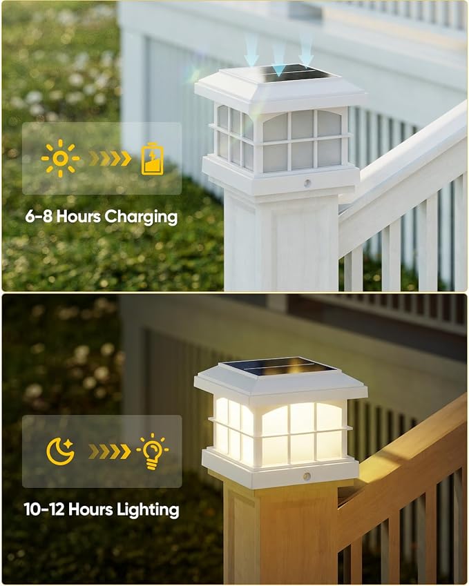 PARTPHONER RGBCW Solar Post Cap Lights 12-Pack, 9 Colors 3 Modes Fence Cap Lights, Bright Solar Outdoor Waterproof LED Deck Lighting for Fence Garden Deck Patio Porch Decor 4x4 Vinyl/Wood, White