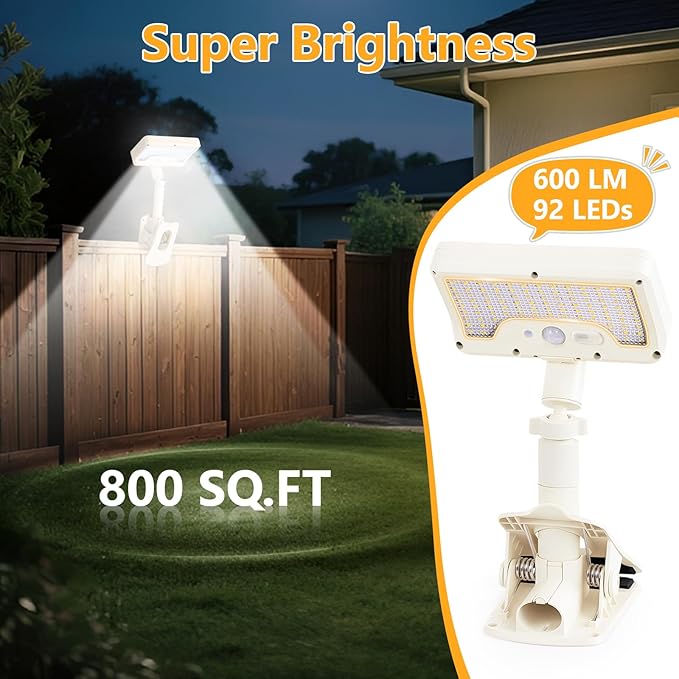 Clip On Solar Lights Outdoor with Motion Sensor, 360°Rotatable & Vertically Adjustable Solar Fence Lights with 92 LEDs (600 LM, 6000 K),IP65 Waterproof Security Light for Deck, Gutter（White, 4 Pack）