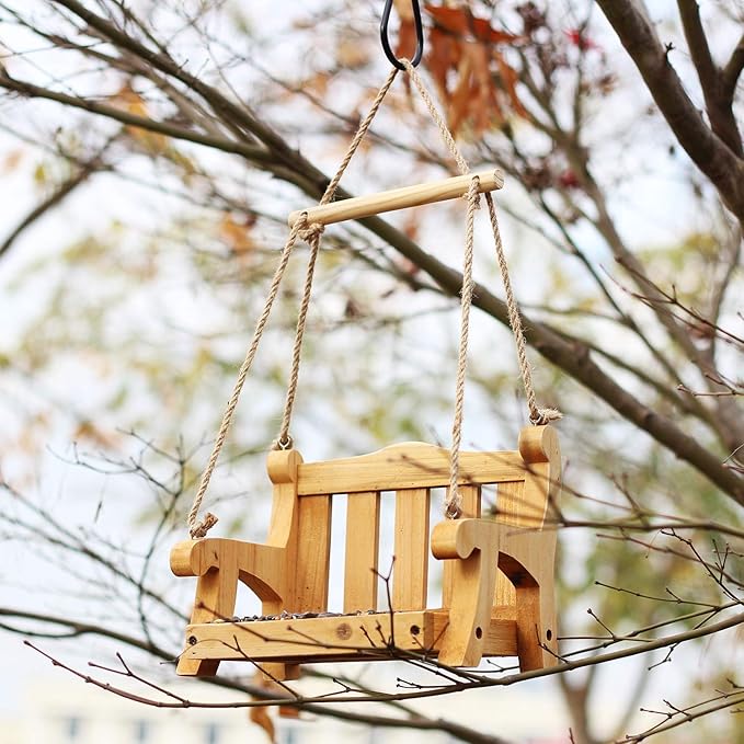 CEDAR ALPHA 2pk Cedar Swing Birdfeeder,Traditional Regency Seat Style, Solid Wood Hand Curve Cutting, Rustic Proof Metal Mesh Tray, Bird Feeder for Outside, BJD Dolls Swing