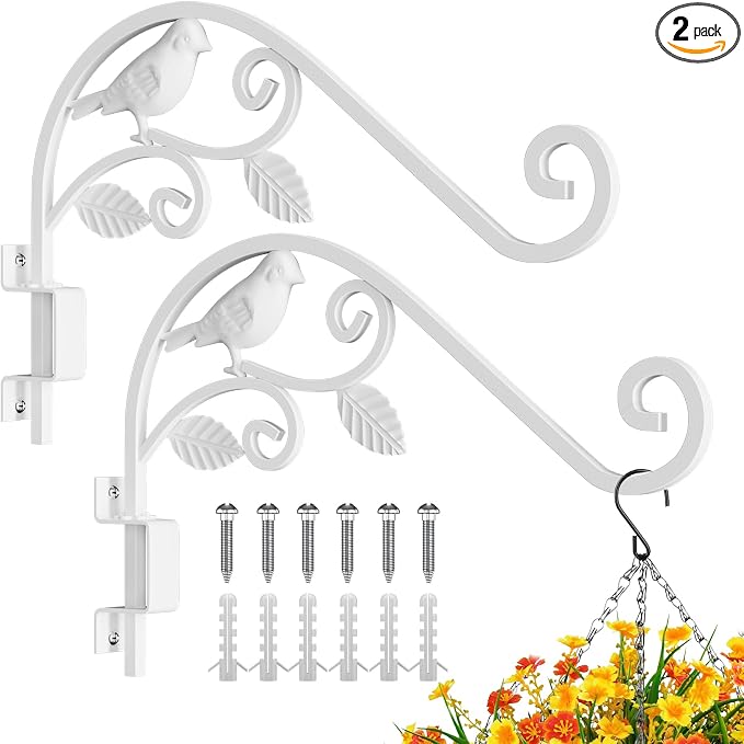 Outdoor Plant Hangers, 2 Pack 15.15 inch Swivel Plant Hooks for Wall Sturdy Wrought Iron Plant Hangers Outdoor, Hanging Plant Bracket Heavy Duty for Bird Feeders, Planters, Lanterns, Wind Chime,White