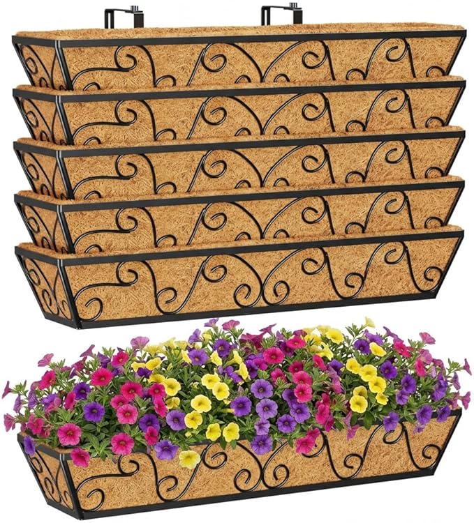 Y&M 6Pcs 30 Inch Large Window Box Railing Planter with Coco Liner, Outdoor Window Flower Boxes Over The Railing Planter Boxes Deck Fence Porch Patio Planter-Butterfly