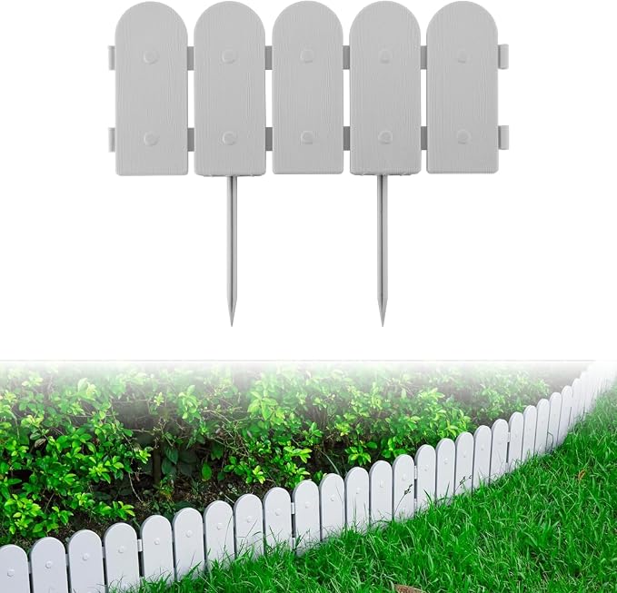 Evelyne Garden Border Plastic Edging: Wooden Fence Design - 16pcs Gray Yard Landscaping Fence Liner Lawn Edge Barrier - 20ft Kit of Decorative Lawn Panels Elements -Landscaping Edging-GMT-10374-E16