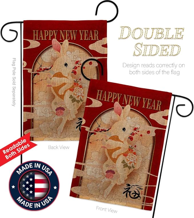 Lunar New Year of Rabbit Wall Tapestry Home Decor Burlap Banner Patio Porch Lawn Garden Flag Pole Room Decorations Indoor Outdoor Yard Sign Spring Gifts Prosperous Chinese Decoration Made in USA