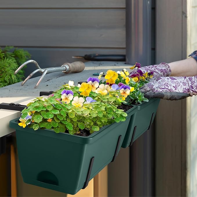 4 Pack Railing Planter Box Window Boxes Planters, 17'' Rectangular Deck Railing Planter Balcony Hanging Planters with Adjustable Flower Box Brackets for Fence Outdoor Patio Porch