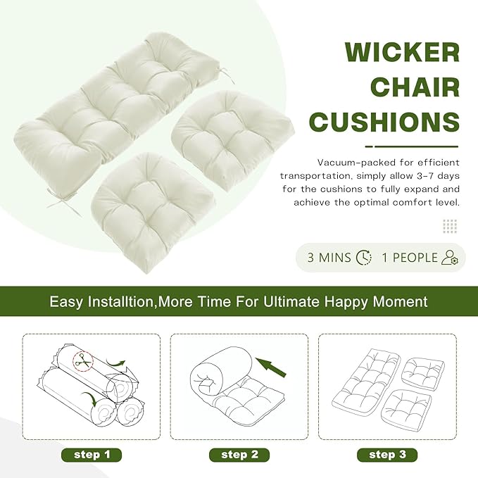 Wicker Chair Cushions Set, 2 U-Shaped Cushions & 1 Loveseat, Waterproof Outdoor Loveseat Cushion for Patio Furniture, Settee Bench Pad All Weather,Beige