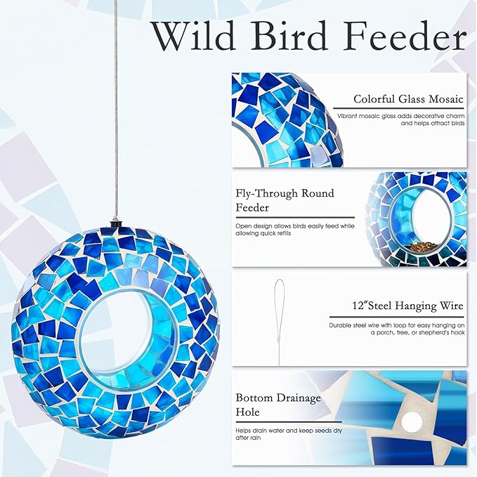 6 Inch Mosaic Glass Hanging Bird Feeder for Outdoors，Fly Through Bird Feeders for Wild Birds, Cute Seed Container with Round Shape for Backyard Window Garden Porch Decor, Ocean Blue Mosaic