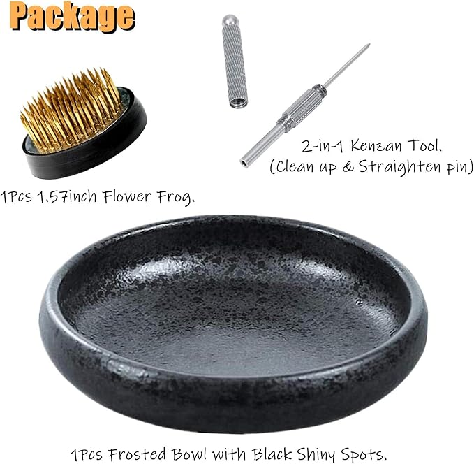 Japanese Ikebana Vase Kit, Flower Shallow Container Ceramics Ikebana Vase with 1.57inch Flower Frog and Floral Frog Floristry Kenzan Needle Straightening Tool (Frosted Bowl A with Spots)