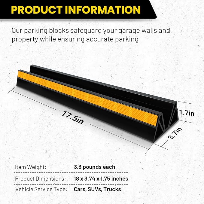 HOXWELL 2 Pcs 18'' Parking Car Wheel Stopper for Garage with 2 Installation Methods, Heavy Duty Tire Stops with Reflective Tapes, Car Parking Aids for Garage, Easy to Install
