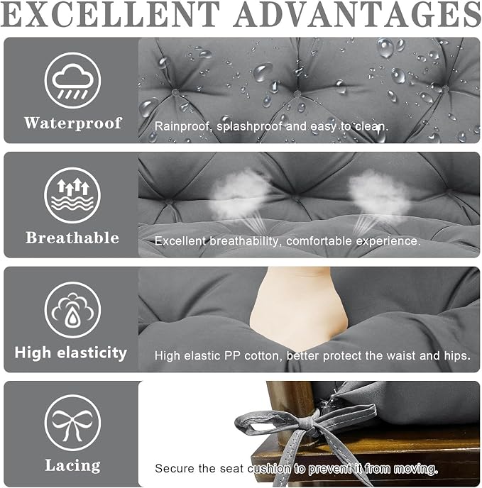 Porch Swing Cushions Outdoor, 5 Inch Thick Waterproof 2-3 Seater Replacement Swing Cushion with Backrest and Anti-Slip Ties, Perfect for Porch, Patio, Garden, Outdoor Bench Furniture, 60×40×5 Inch