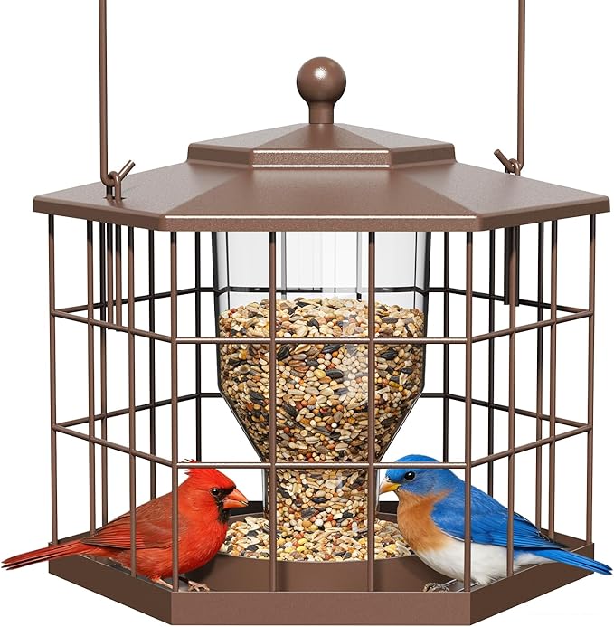 Birdream Squirrel Proof Bird Feeders for Outdoor Hanging, Metal Cage Bird Feeder with Rain Proof Covered for Wildbirds Bluebird Finches, Brown