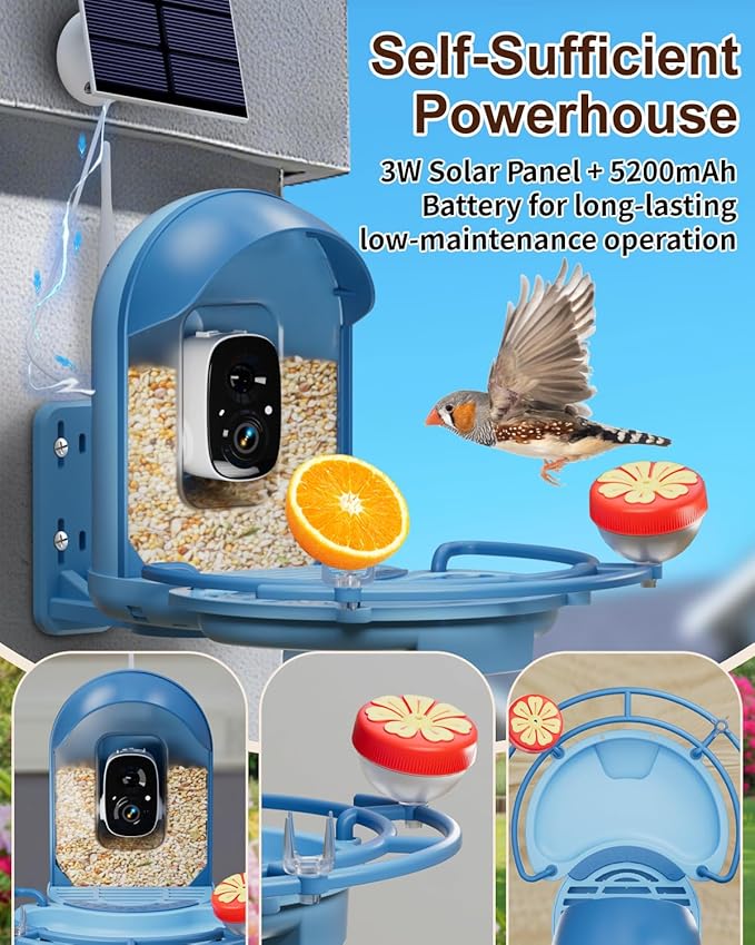 Bird Feeder with Camera, 2K HD Camera Birds Feeder with Bath Wireless Outdoor, Solar Powered Bird Watching with APP Control, Night Vision, Motion Detection Alerts, IP66 Birdfeeder for Backyard, Blue