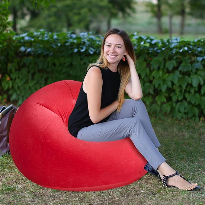 Realspring Inflatable Bean Bag Chairs Outdoor Blow up Camping Chairs Inflatable Lazy Sofa Folding Portable Bean Bag Loungers Couch for Movie Night (Red,2 Pcs)