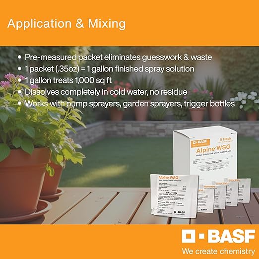 BASF Alpine WSG Insecticide, Water Soluble Granules for Indoor & Outdoor Pest Control, Kills Ants, Flies, Bed Bugs, German Cockroaches – 5 x 0.35 oz Packets (Each Makes 1 Gallon for 1,000 sq ft)