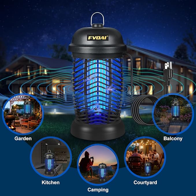FVOAI Bug Zapper Outdoor, Mosquito Zapper, Fly Zapper, Insect Zapper Electric Fly Traps for 1/2 Acre, Indoor Outdoor Use with 3 Prong Plug-in,4200V, ABS Plastic Outer, Black