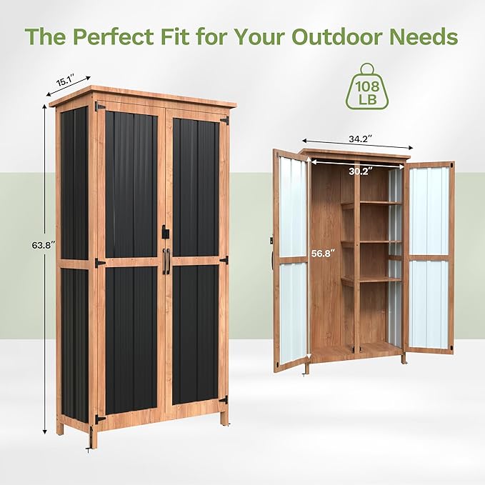 Greesum Outdoor Storage Cabinet with 3 Adjustable Shelves, Wood & Metal Garden Storage with Lockable Doors, Tall Weatherproof Shed for Tools, Lawn Equipment, Pool Accessories, Black