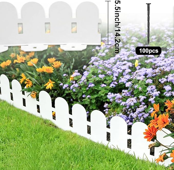Garden Edging 66FT, 5.5IN Plastic Landscape Edging Border Kits Flexible Garden Borders, Tool-Free Lawn Edging Garden Fence with 100pcs Anchoring Stakes for Lawns, Yards, Flowerbeds, White