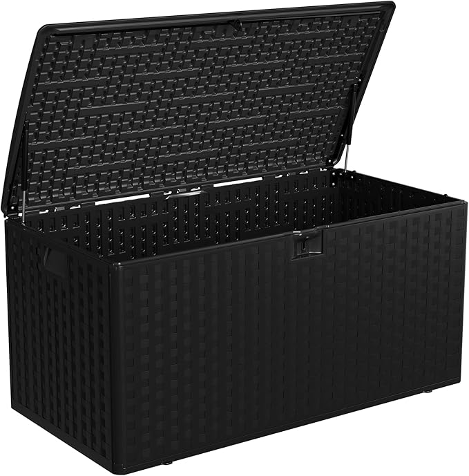 100 gal Outdoor Storage Box with Support Rod, Large Lockable Storage Container for Patio, Waterproof Storage Bin for Garden, Cushions, Tools,Black