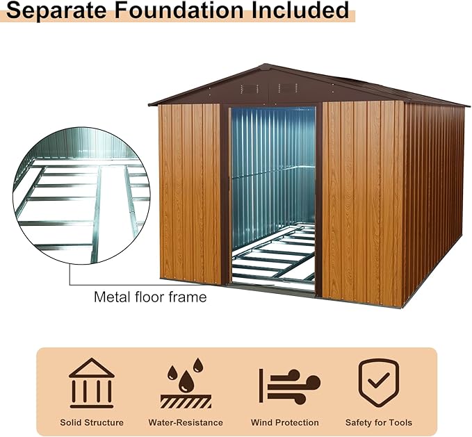 KEIKI 8x10 FT Outdoor Metal Storage Shed with Peaked Roof,Vents and Lockable Door for Garden Yard