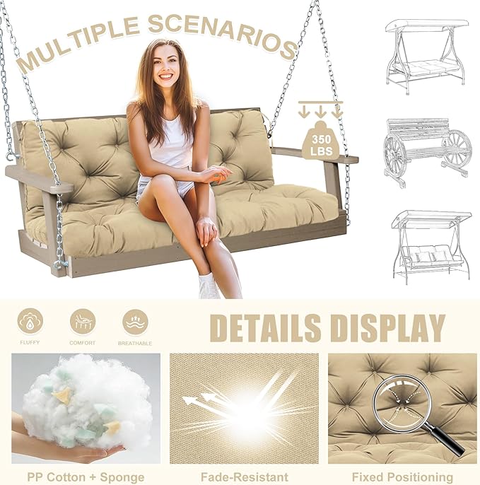 Porch Swing Cushions Outdoor 70 inch x 40 Waterproof Swing Cushions 3 Seater Replacement with Backrest & 8 Ties 5" Thick Bench Swing Cushions for Outdoor Furniture Patio(Khaki)