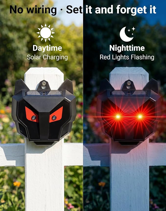 4 Pack Solar Nocturnal Animal Repeller with Dual Red LED Lights, Humane Coyote Deterrent for Fox Raccoon Skunk Deer, Waterproof Predator Lights for Chicken Coop, Farm & Garden (4, Black)