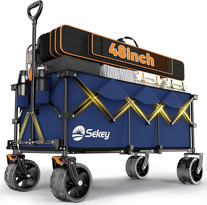 Sekey Extended Collapsible Foldable Wagon with 660lbs Weight Capacity, Heavy Duty Folding Utility Garden Cart with Big All-Terrain Beach Wheels & Drink Holders. Navy Blue