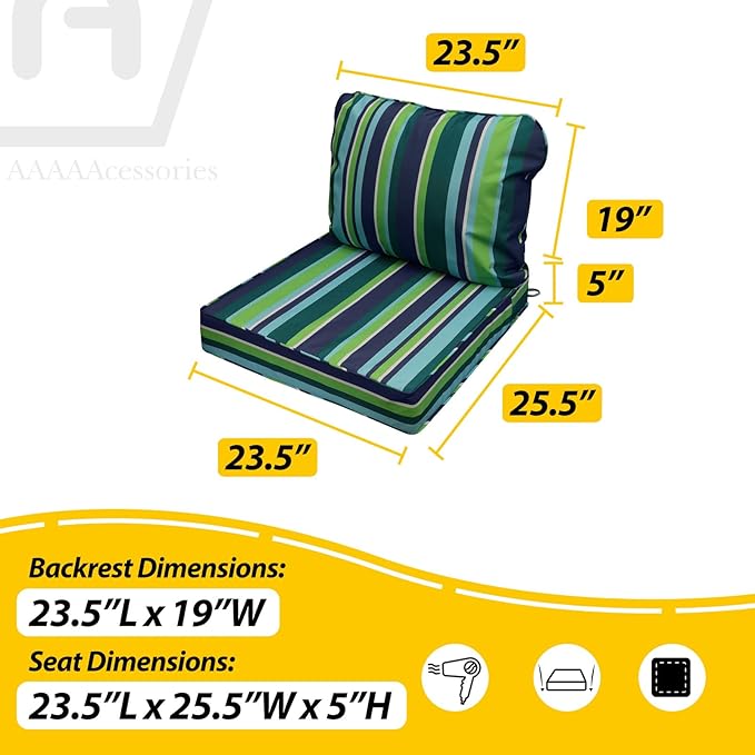AAAAAcessories Outdoor Seat Cushions for Chairs, Fade-Resistant, Waterproof Patio Furniture Replacement Cushions, 23.5" x 25.5" x 5" + 23.5" x 19", Stormy Teal Coastal Stripe