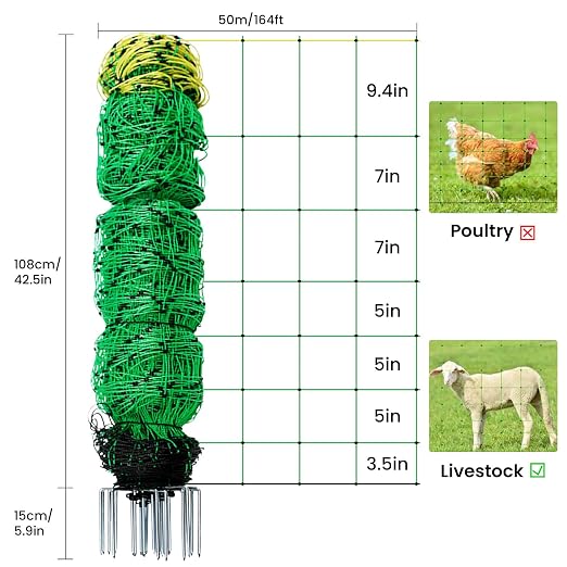 Electric Fence Netting, 164'L x 42.5" H Movable Livestock Nets for Sheep, Hogs, Cattle, PE Net Fencing Kit with 14 Posts Double Spiked, Electric Fencing for Backyards, Homesteaders, Farms Ranches