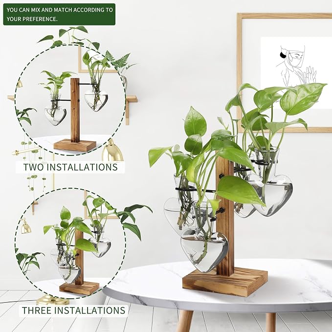 Plant Terrarium Propagation Stations with Wooden Stand | Glass Vase for Indoor Hydroponics Home Garden Office Decoration Gift for Women - 4 Love Bulb Vase