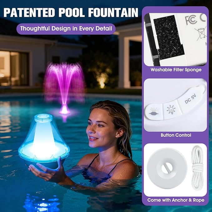 2026 Pool Fountain with Remote,Rechargeable Floating Pool Fountains with 10 Light Show,Pool Water Fountain Pump with Anchor,3 Spray Modes Swimming Pool Fountains for Inground Above Ground Pool-White