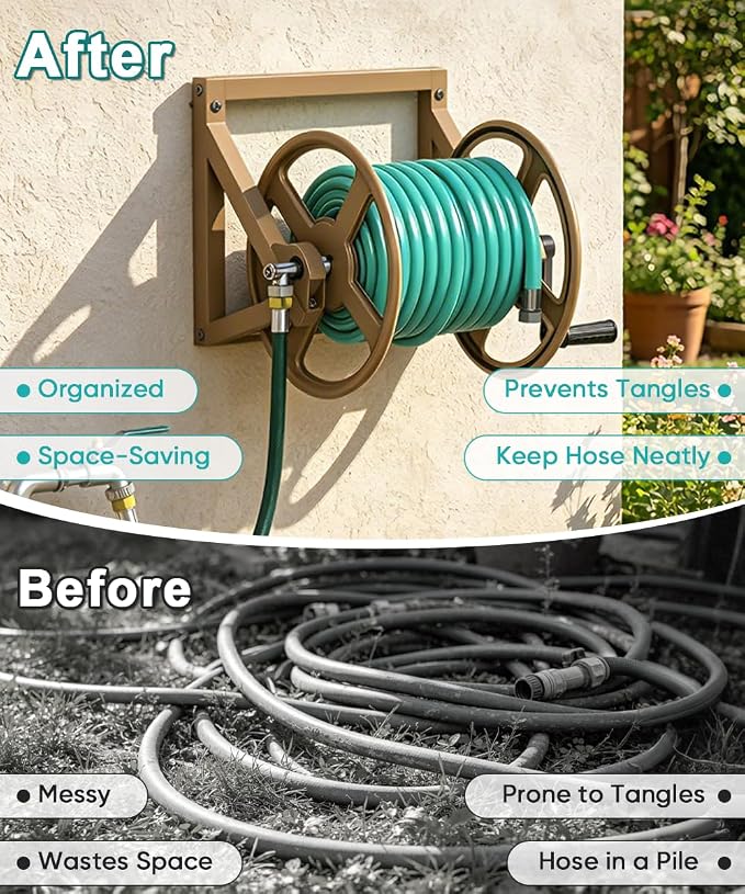 Artigarden Garden Hose Reel Wall Mounted, Outdoor Heavy Duty Powder Coated Metal Water Hoses Holder Winder Holds 125 ft 5/8" Hoses with 3.9ft Leader Hose, Stainless Steel Connector for Outside, Brown